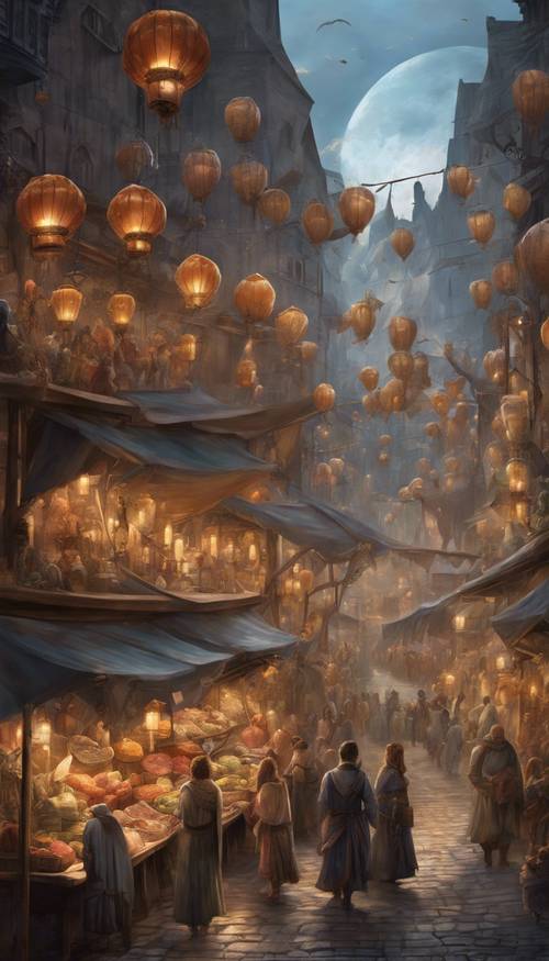 A bustling marketplace in a fantastical medieval city with floating lanterns and mythical creature shopkeepers. Kertas dinding [260c61ab41484756a929]