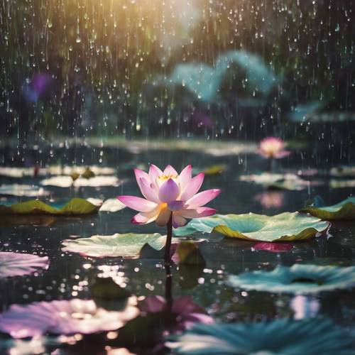 Spokojny staw lotosowy pod delikatnym deszczem, otoczony olśniewającą wielobarwną aurą.