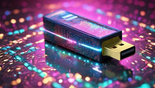 3D representation of a Y2K-inspired memory stick with holographic lights being plugged into a computer Tapet [aad836f412d64852aba9]