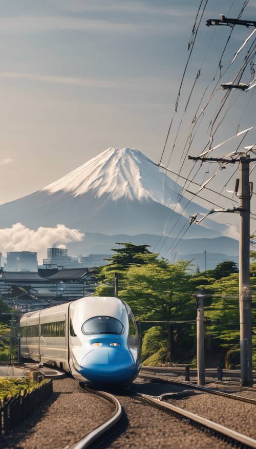 Ön planda hızla geçen Shinkansen hızlı treniyle Fuji Dağı.