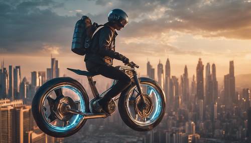 Un adolescente futuristico in sella a una speciale hover bike con i grattacieli di una città del futuro sullo sfondo al tramonto.