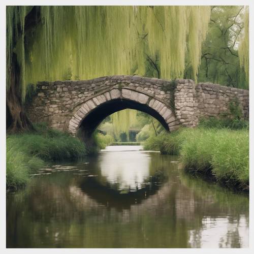一座古老的石桥横跨一条平静的河流，河岸边垂柳婆娑。