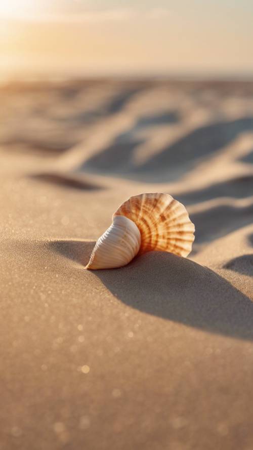 Песчаный пляж на рассвете, с одинокой морской ракушкой на гладком прохладном бежевом песке.