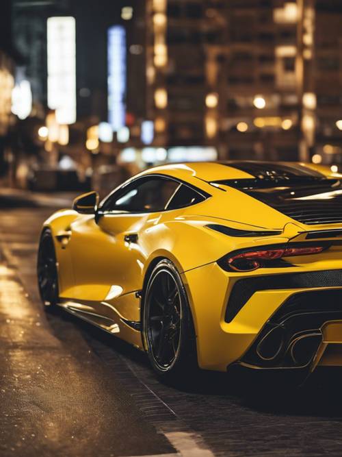 A sleek yellow sports car with black racing stripes gleaming under city lights.