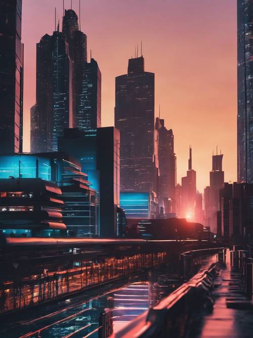 منظر مدينة أنيق ومستقبلي عند غروب الشمس، مع مباني مصنوعة من الزجاج الأسود العاكس، تتلألأ بأضواء النيون الرائعة.