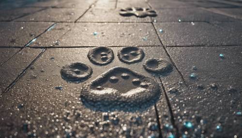 Paw print of a poodle puppy imprinted on the wet cement of a sidewalk.