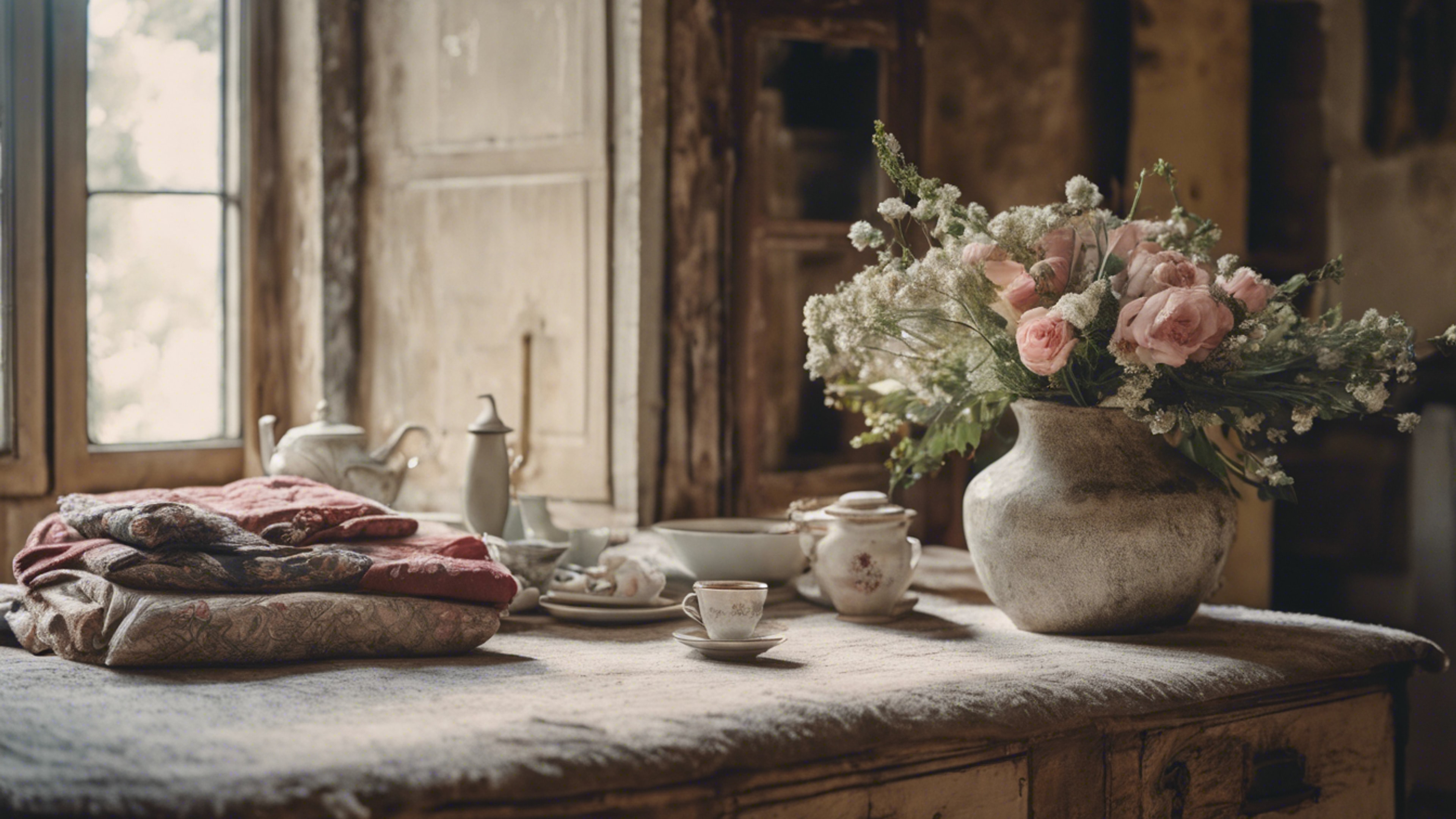 Vintage French country home interiors, full of hand-stitched textiles, distressed furniture, and fresh flowers. Hintergrund[3ce768b1b5e34f149bef]