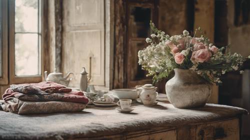 Interiores de casas de campo francesas antiguas, llenos de textiles cosidos a mano, muebles desgastados y flores frescas.