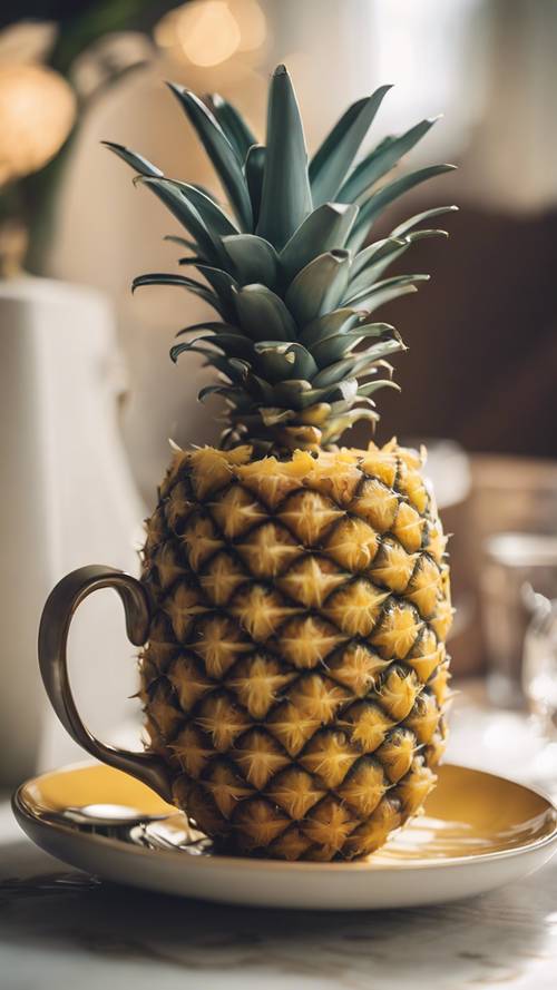 一只菠萝放在一个精美的茶杯里。