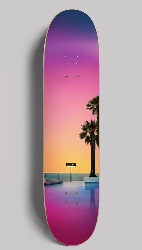 A skateboard deck featuring a preppy gradient design.