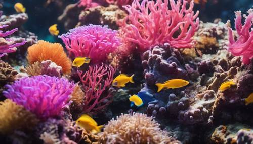 Ein lebendiges Korallenriff mit rosa Seeanemonen und herumschwimmenden bunten Fischen.
