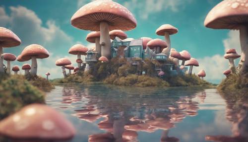 A flying mushroom island under indie-inspired pastel skies.