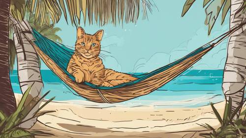 这是一幅精心设计的涂鸦，画中一只猫懒洋洋地躺在海滩两棵棕榈树之间的舒适吊床上。