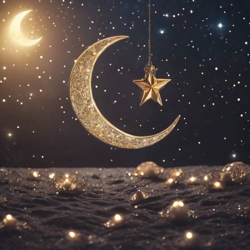 Uma imagem serena de um céu noturno repleto de estrelas, com a lua crescente tendo um significado especial para indicar o fim do mês sagrado do Ramadã.
