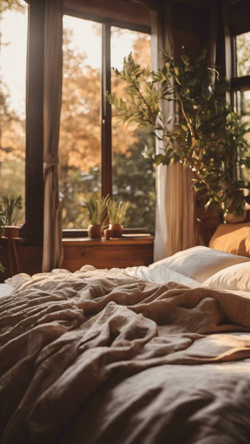 A warm-toned image of a nature-inspired bedroom with linen bedding.