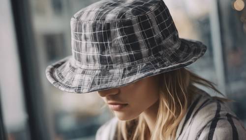 A gray plaid bucket hat on a trendy young woman.