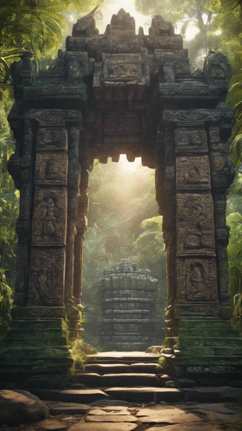 El değmemiş bir ormandaki eski, karmaşık bir şekilde oyulmuş taş tapınağın önüne açılan parıldayan büyülü bir portal.