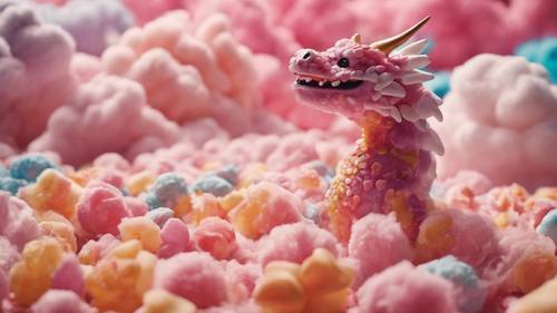 A candy dragon, breathing fiery cinnamon candies, amidst a field of candy floss clouds.