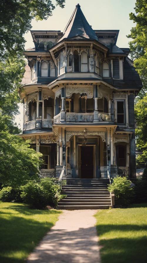 Sebuah rumah besar bergaya Victoria abad ke-19 di Marshall, Michigan yang bersejarah selama hari musim panas yang hangat.