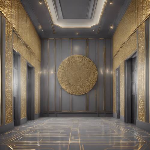 Зал оформлен в стиле минимализма с использованием золотых и серых геометрических узоров. Обои [65cec3bcc7bf4778ab63]