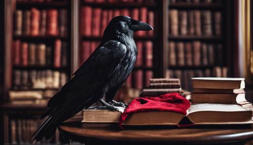 Un corbeau noir perché sur une chaise en velours rouge dans un bureau gothique rempli de livres anciens.