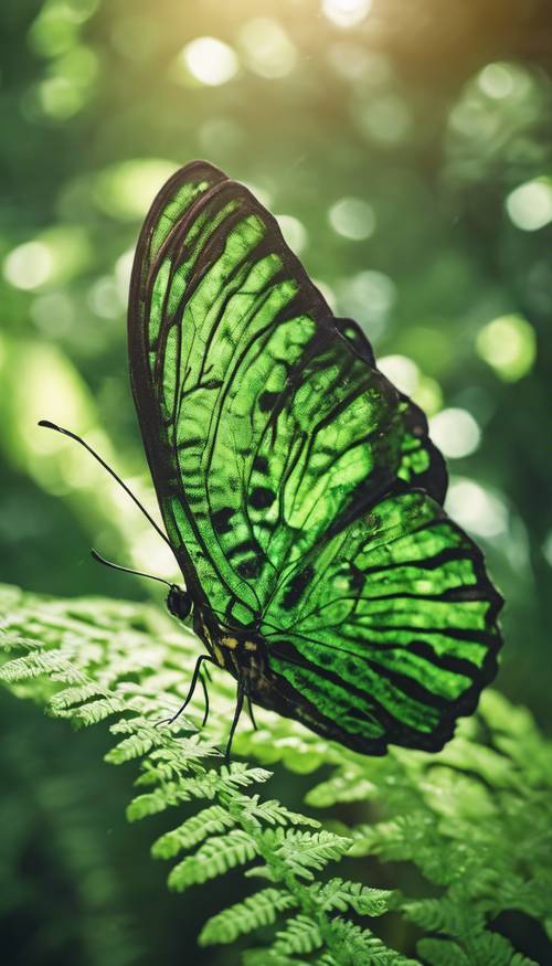 明るい朝の光の中で、輝くエメラルドグリーンのトロピカルな蝶が緑豊かなシダに優しく休んでいる壁紙