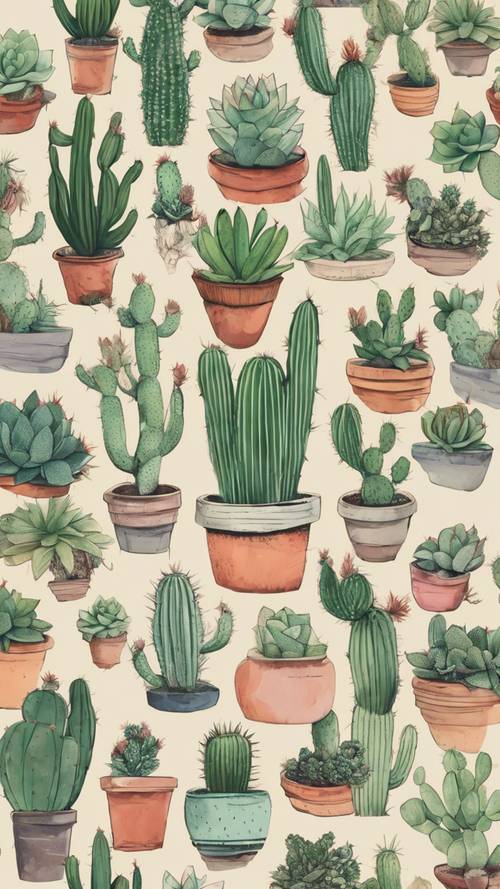 Kolaż różnych szkiców uroczych kaktusów i sukulentów.