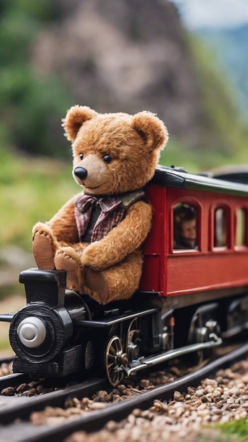 דובון בראש רכבת צעצוע קטנטנה שנוסע דרך מסילת רכבת ציורית.