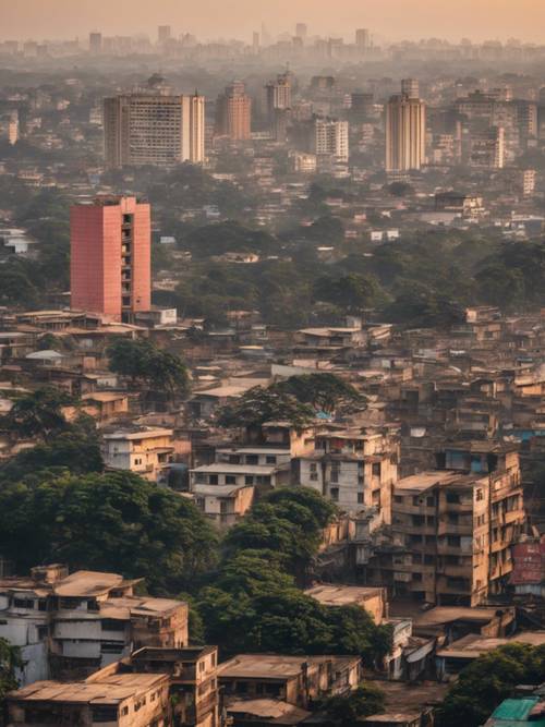 선명한 새벽 빛 속에서 방글라데시의 수도 다카의 탁 트인 도시 스카이라인 전망을 감상하실 수 있습니다.