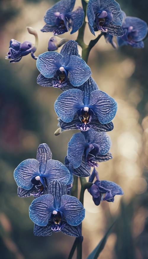 Orquídeas Vanda de color azul oscuro, muy detalladas, en un fondo de ensueño surrealista.