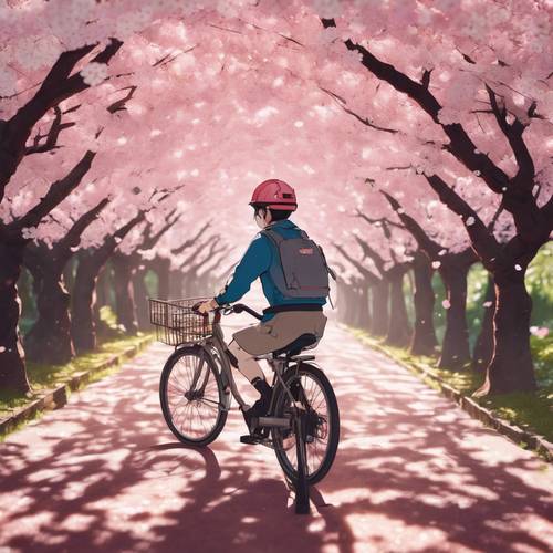 An anime delivery person biking through a tunnel of cherry blossoms.