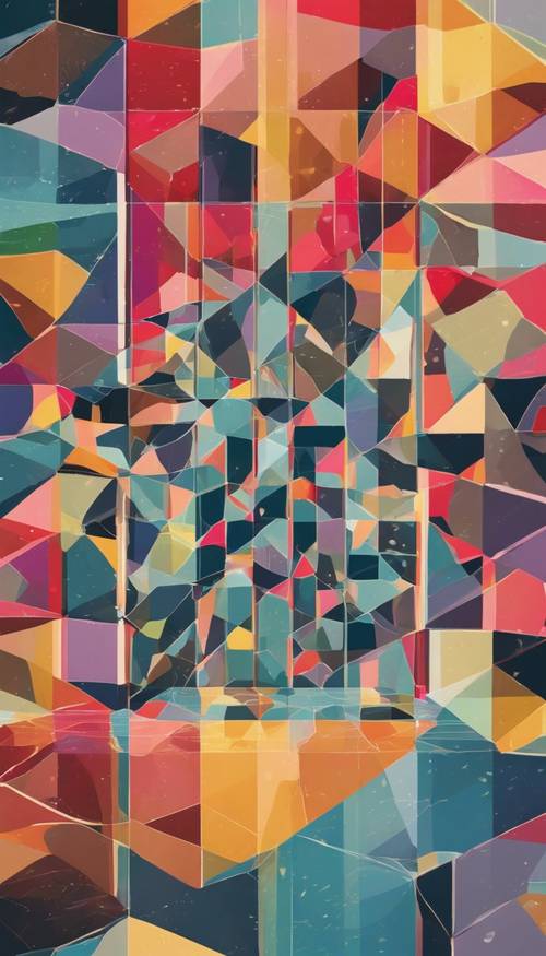 Plakat w stylu Bauhaus z solidnymi geometrycznymi wzorami skąpanymi w tęczy barw.