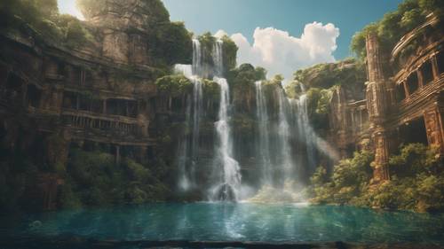 Un paesaggio da sogno con una cascata che cade da un&#39;antica civiltà galleggiante.
