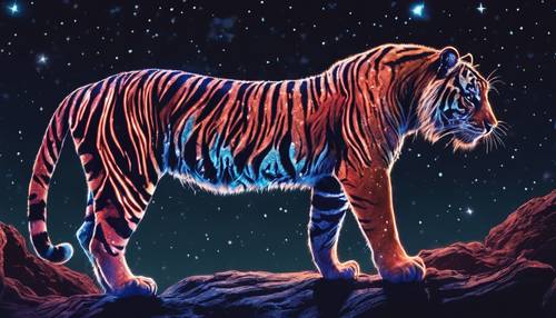 Neonowy tygrys pod rozgwieżdżonym niebem, ukradkiem tropiący swoją ofiarę.