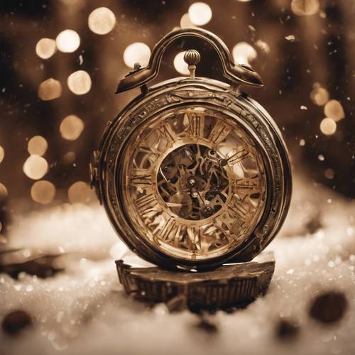 Un reloj roto, de tono sepia, en una antigua tienda de curiosidades que sólo cobra vida en una Nochebuena oscura y nevada.