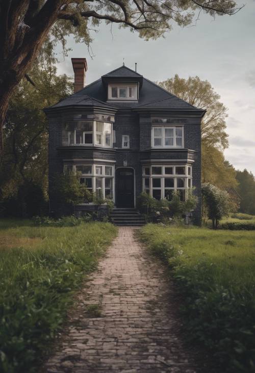 田舎にあるかわいい小さな暗い灰色のレンガの家