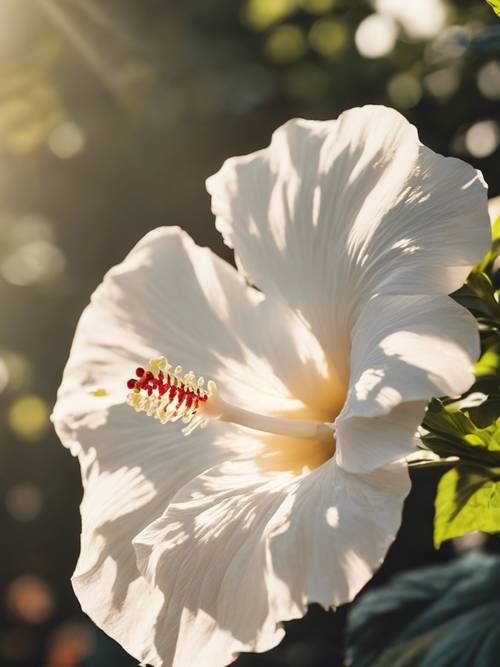 Eine Weichzeichneraufnahme einer weißen Hibiskusblüte, durch die gesprenkeltes Sonnenlicht fällt.