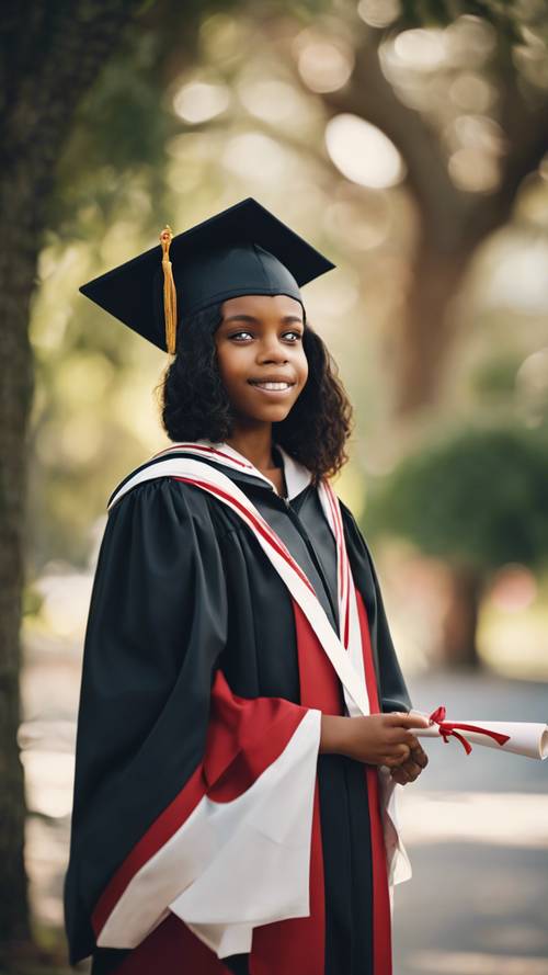 A young black girl wearing a graduation gown and cap, holding a diploma.