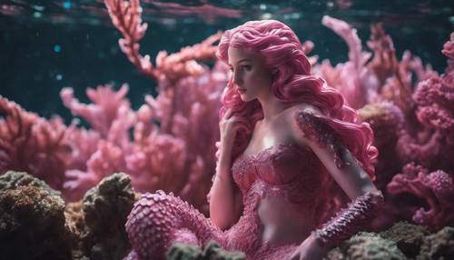 深海で不思議な海の生き物を見つめるピンクの人魚
