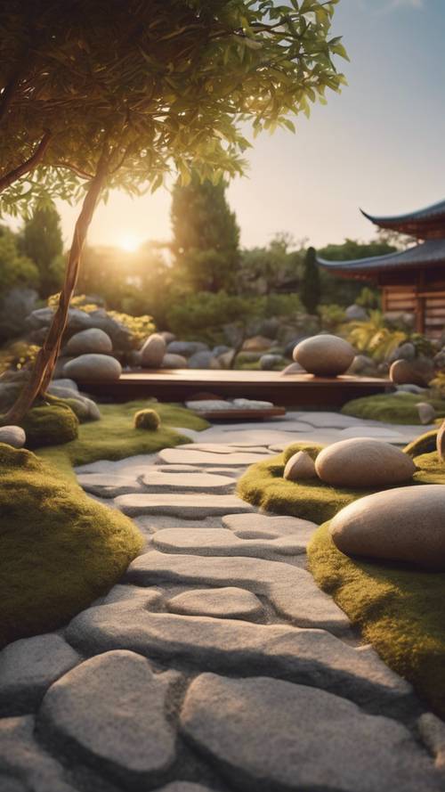 A tranquil Zen garden, luminated by the dual lights of the setting sun and the rising moon.