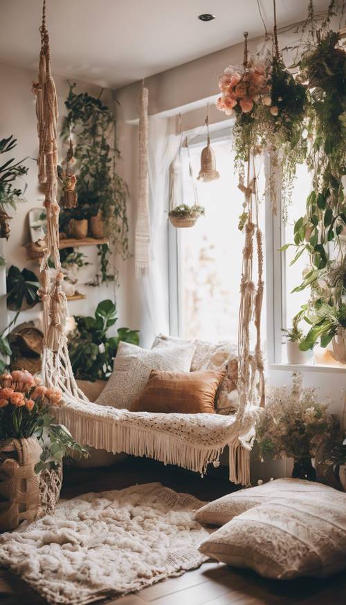 A spring boho styled room with fresh flowers, macrame wall hanging and abundance of cushions.