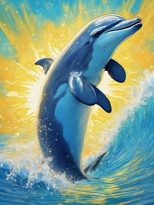 一幅兒童畫，描繪了一隻海豚在明亮、溫暖的黃色陽光和鮮豔的藍色天空下快樂地乘著海浪。