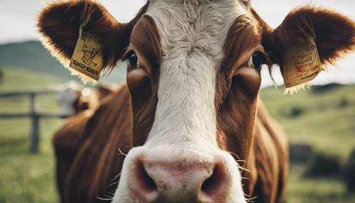 A close-up of a cows face expressing curiosity.