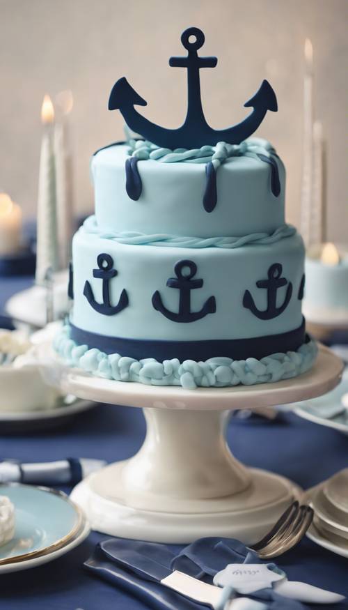 Un pastel de cumpleaños de estilo preppy impecablemente diseñado con glaseado azul pastel y anclas de fondant azul marino en la parte superior.