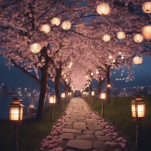 Una fresca escena nocturna de un camino iluminado por linternas, iluminado por flores de cerezo.