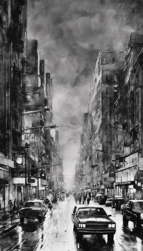 Uma obra-prima em aquarela em preto e branco retratando uma paisagem urbana movimentada ao entardecer.