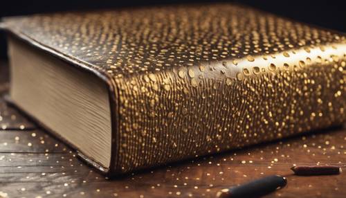 Pola polkadot emas menghiasi sampul buku tua bersampul kulit.