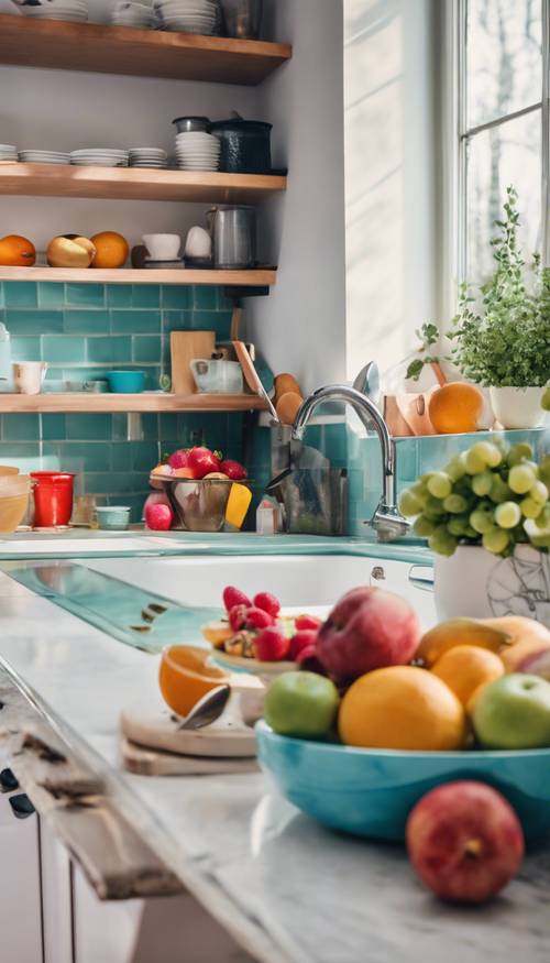 Dapur modern dengan peralatan berwarna-warni dan semangkuk buah segar di meja.