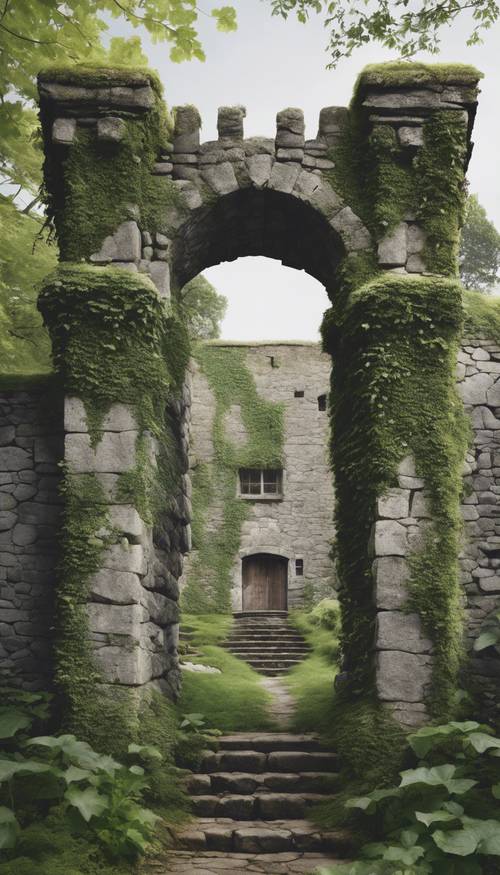 Kastil batu tua yang ditutupi tanaman ivy abu-abu muda dan lumut, memberikan kesan bertekstur.