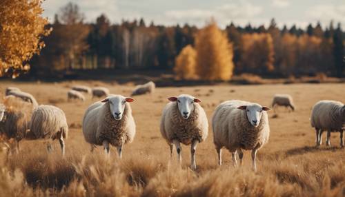 Uma paisagem rural de outono de ovelhas amáveis ​​pastando em um campo de grama dourada seca.